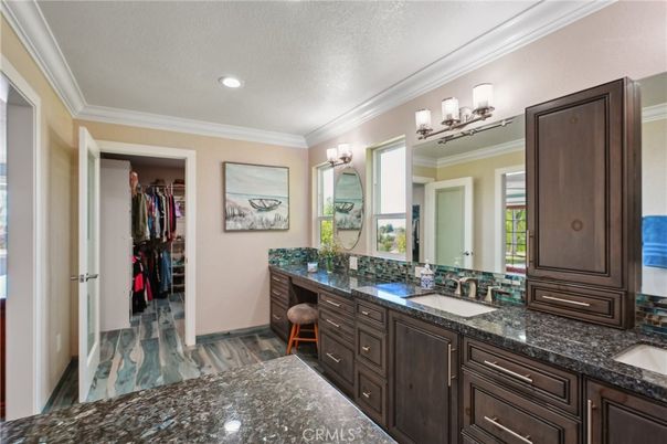 Bathroom, Dual Sink Vanities, Interior, Recessed Lighting, Wood Texture Flooring