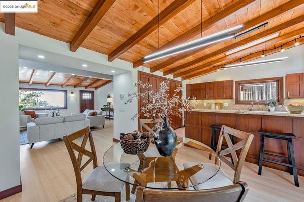 Dining room, Interior, Living room, Pendant Lights, Recessed Lighting, Wooden Beams, Wooden Ceilings, Wood Texture Flooring