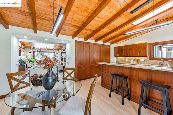 Dining room, Interior, Kitchen, Recessed Lighting, Wooden Beams, Wooden Ceilings, Wood Texture Flooring