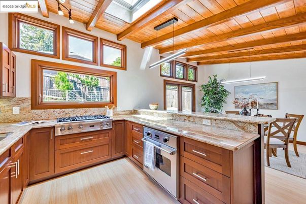 Interior, Kitchen, Pendant Lights, Stainless Steel Appliances, Wooden Beams, Wooden Ceilings, Wood Texture Flooring