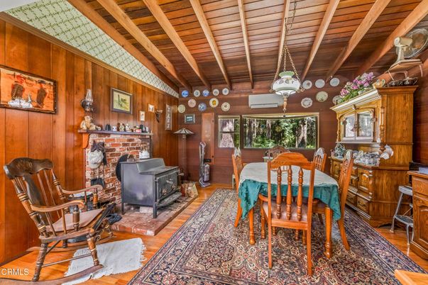 Dining room, Fireplace, Interior, Wooden Beams, Wooden Ceilings, Wood Texture Flooring, Wooden Walls