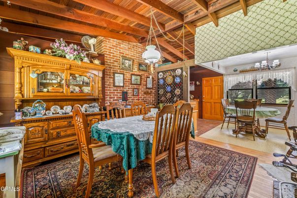 Dining room, Interior, Pendant Lights, Stone Walls, Wooden Beams, Wooden Ceilings, Wood Texture Flooring