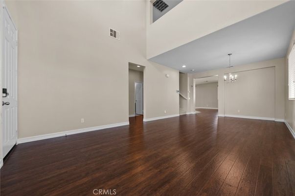 Chandelier, Empty room, Interior, Recessed Lighting, Wood Texture Flooring
