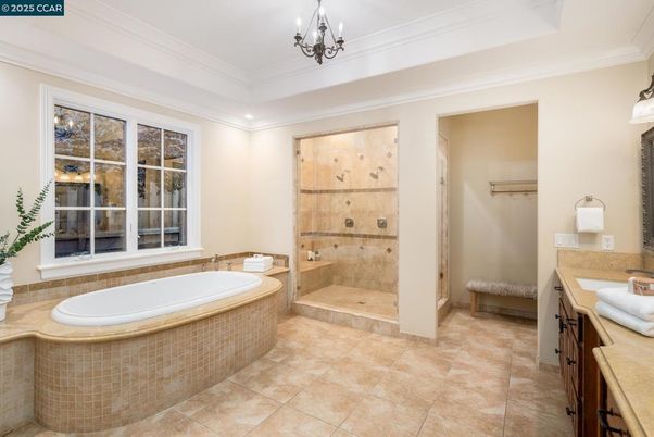 Bathroom, Chandelier, Glass Shower, Interior, Recessed Lighting