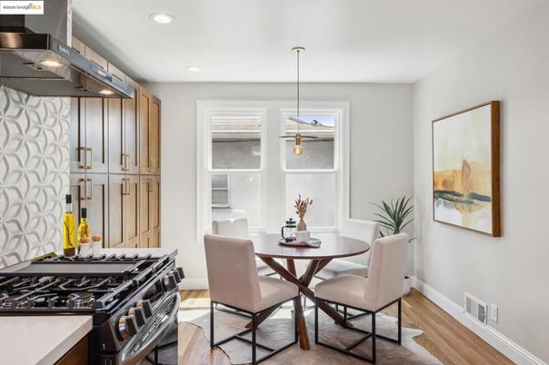 Dining room, Interior, Pendant Lights, Recessed Lighting, Wood Texture Flooring