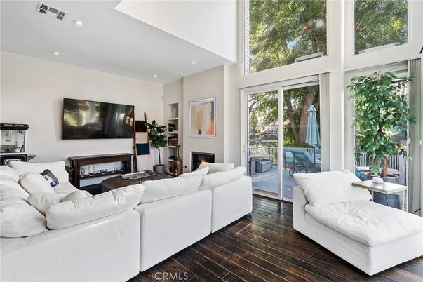 Fireplace, Interior, Living room, Recessed Lighting, Wood Texture Flooring
