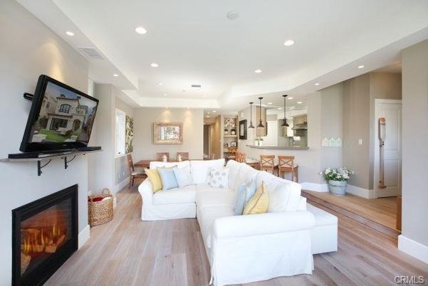 Dining room, Fireplace, Interior, Kitchen, Living room, Pendant Lights, Recessed Lighting, Wood Texture Flooring