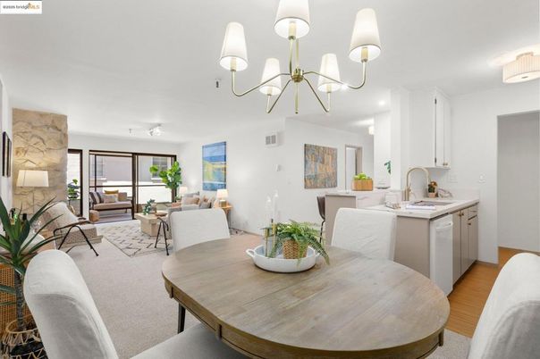 Chandelier, Dining room, Interior, Kitchen, Living room, Recessed Lighting, Stone Walls, Wood Texture Flooring