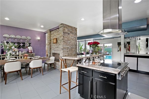 Dining room, Fireplace, Interior, Kitchen, Recessed Lighting, Stone Walls