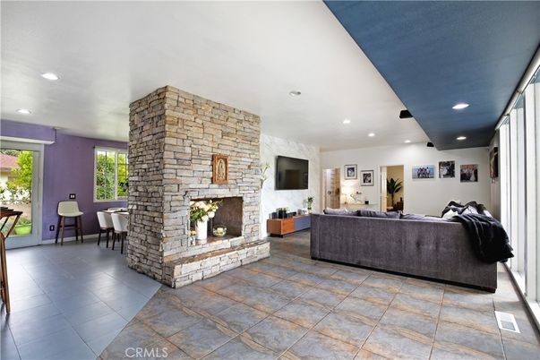 Dining room, Fireplace, Interior, Living room, Recessed Lighting, Stone Walls