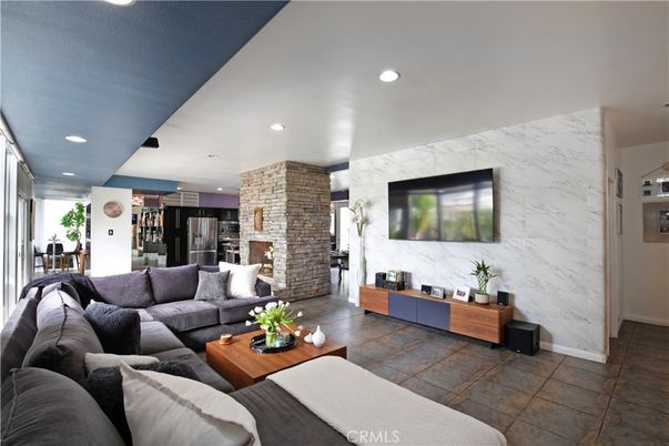 Fireplace, Interior, Kitchen, Living room, Marble Walls, Recessed Lighting, Stone Walls