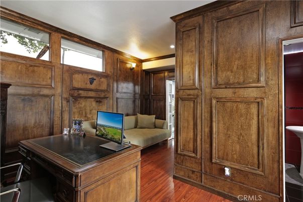 Home Office, Interior, Recessed Lighting, Wood Texture Flooring, Wooden Walls