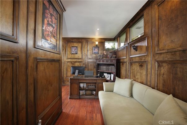 Home Office, Interior, Recessed Lighting, Wood Texture Flooring, Wooden Walls