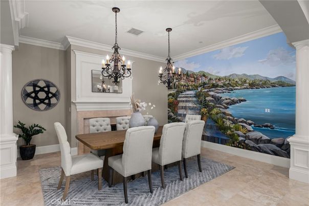 Chandelier, Dining room, Fireplace, Interior, Water