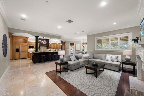 Fireplace, Interior, Kitchen, Living room, Pendant Lights, Recessed Lighting, Stainless Steel Appliances