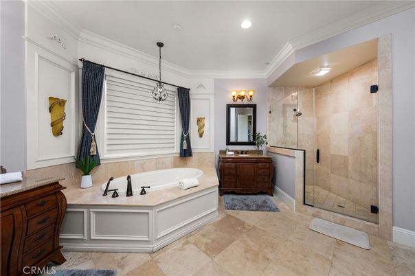 Bathroom, Chandelier, Glass Shower, Interior, Recessed Lighting