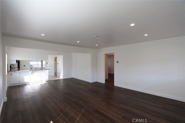 Empty room, Interior, Kitchen, Recessed Lighting, Wood Texture Flooring