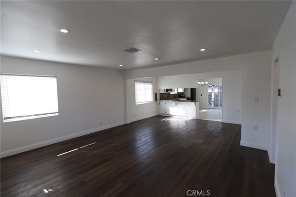 Chandelier, Empty room, Interior, Kitchen, Recessed Lighting, Wood Texture Flooring