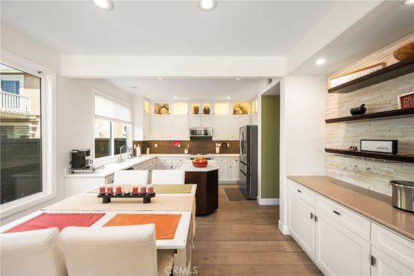 Interior, Kitchen, Recessed Lighting, Stainless Steel Appliances, Stone Walls, Wood Texture Flooring