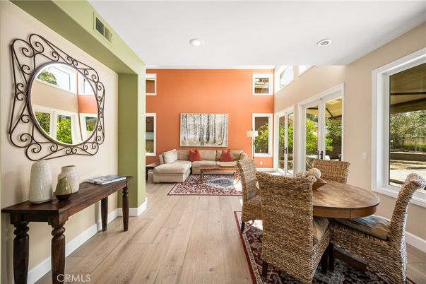 Dining room, Interior, Living room, Recessed Lighting, Wood Texture Flooring