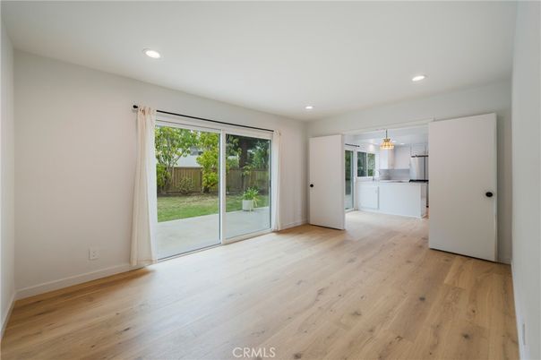 Empty room, Interior, Kitchen, Pendant Lights, Recessed Lighting, Wood Texture Flooring