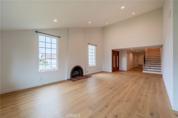 Empty room, Fireplace, Interior, Recessed Lighting, Wood Texture Flooring