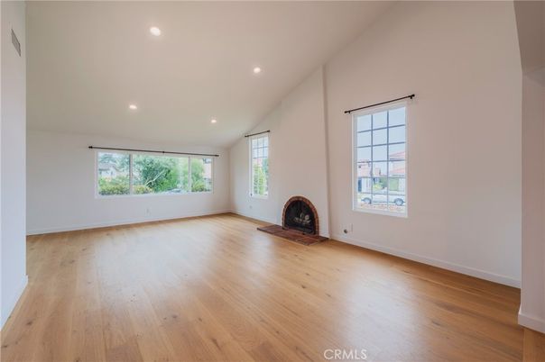 Empty room, Fireplace, Interior, Recessed Lighting, Wood Texture Flooring