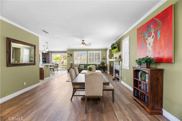 Dining room, Fireplace, Interior, Pendant Lights, Wood Texture Flooring