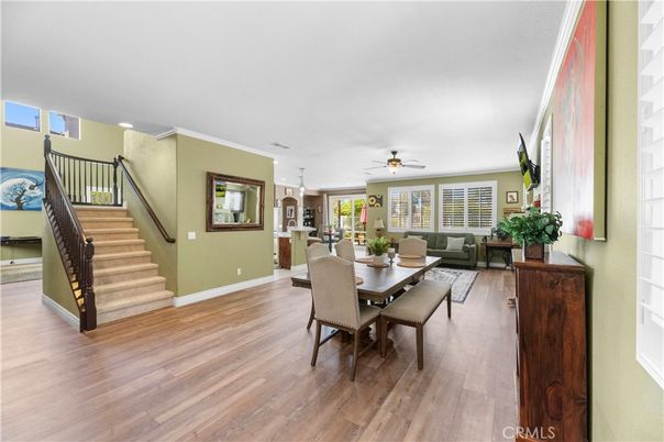 Dining room, Interior, Pendant Lights, Recessed Lighting, Wood Texture Flooring