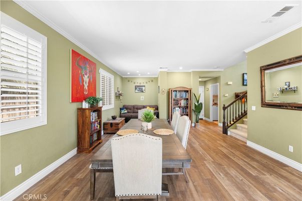 Dining room, Interior, Living room, Recessed Lighting, Wood Texture Flooring