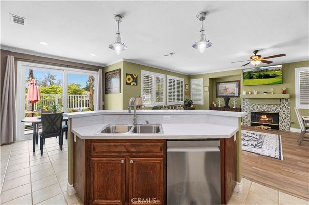 Dining room, Fireplace, Interior, Kitchen, Pendant Lights, Recessed Lighting
