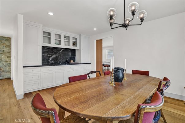 Dining room, Interior, Pendant Lights, Recessed Lighting, Stone Walls, Wood Texture Flooring
