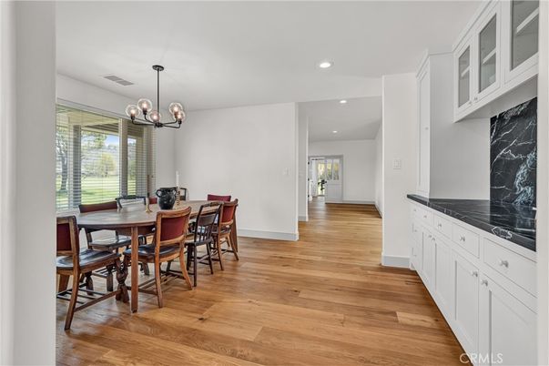 Dining room, Interior, Pendant Lights, Recessed Lighting, Wood Texture Flooring