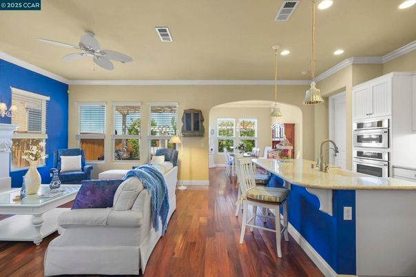 Interior, Kitchen, Living room, Pendant Lights, Recessed Lighting, Stainless Steel Appliances, Wood Texture Flooring