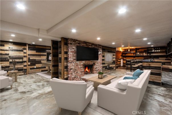 Fireplace, Interior, Living room, Recessed Lighting, Stone Walls, Wooden Walls