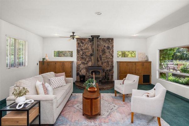 Fireplace, Interior, Living room, Recessed Lighting, Stone Walls
