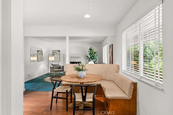 Dining room, Fireplace, Interior, Living room, Recessed Lighting, Wood Texture Flooring