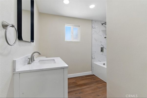 Bathroom, Interior, Marble Walls, Recessed Lighting, Wood Texture Flooring
