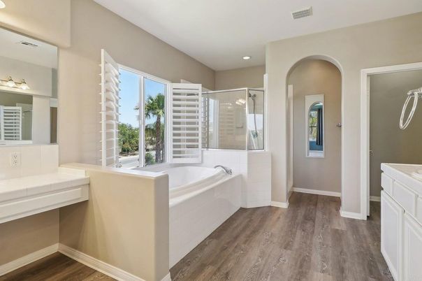 Bathroom, Glass Shower, Interior, Recessed Lighting, Wood Texture Flooring