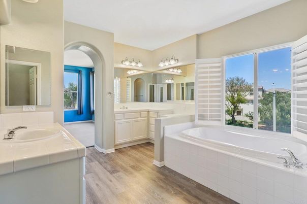 Bathroom, Dual Sink Vanities, Interior, Tile Countertops, Wood Texture Flooring