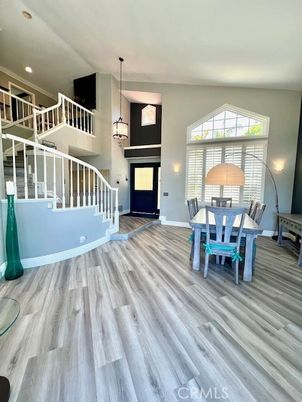 Dining room, Interior, Pendant Lights, Recessed Lighting, Wood Texture Flooring
