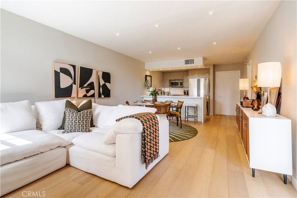 Dining room, Interior, Kitchen, Living room, Recessed Lighting, Stainless Steel Appliances, Wood Texture Flooring