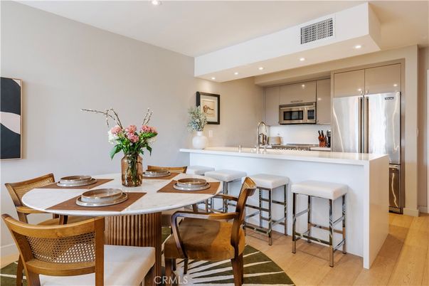 Dining room, Interior, Kitchen, Recessed Lighting, Stainless Steel Appliances, Wood Texture Flooring