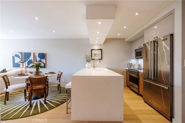 Dining room, Interior, Kitchen, Recessed Lighting, Stainless Steel Appliances, Wood Texture Flooring