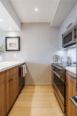 Interior, Kitchen, Recessed Lighting, Stainless Steel Appliances, Wood Texture Flooring