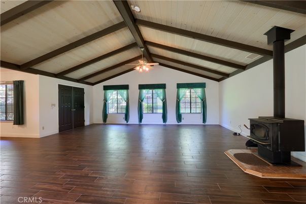 Empty room, Fireplace, Interior, Wooden Beams, Wood Texture Flooring