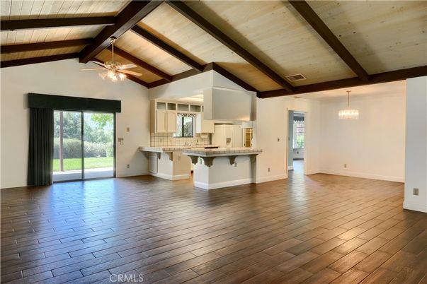 Chandelier, Empty room, Interior, Kitchen, Pendant Lights, Wooden Beams, Wooden Ceilings, Wood Texture Flooring
