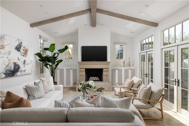 Fireplace, Interior, Living room, Recessed Lighting, Wooden Beams