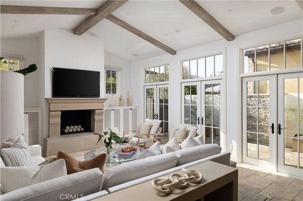 Fireplace, Interior, Living room, Recessed Lighting, Wooden Beams