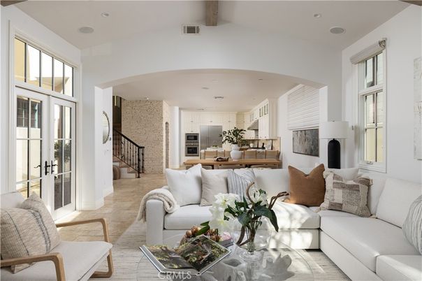 Interior, Kitchen, Living room, Recessed Lighting, Stainless Steel Appliances, Stone Walls, Wooden Beams